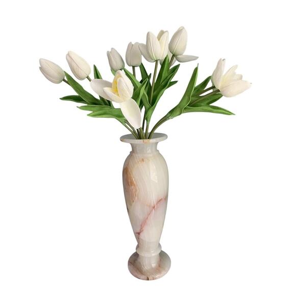12” Onyx Marble Stone Table Vase Tall Heavy Genuine Polished Flower Cream Ivory - Picture 3 of 14